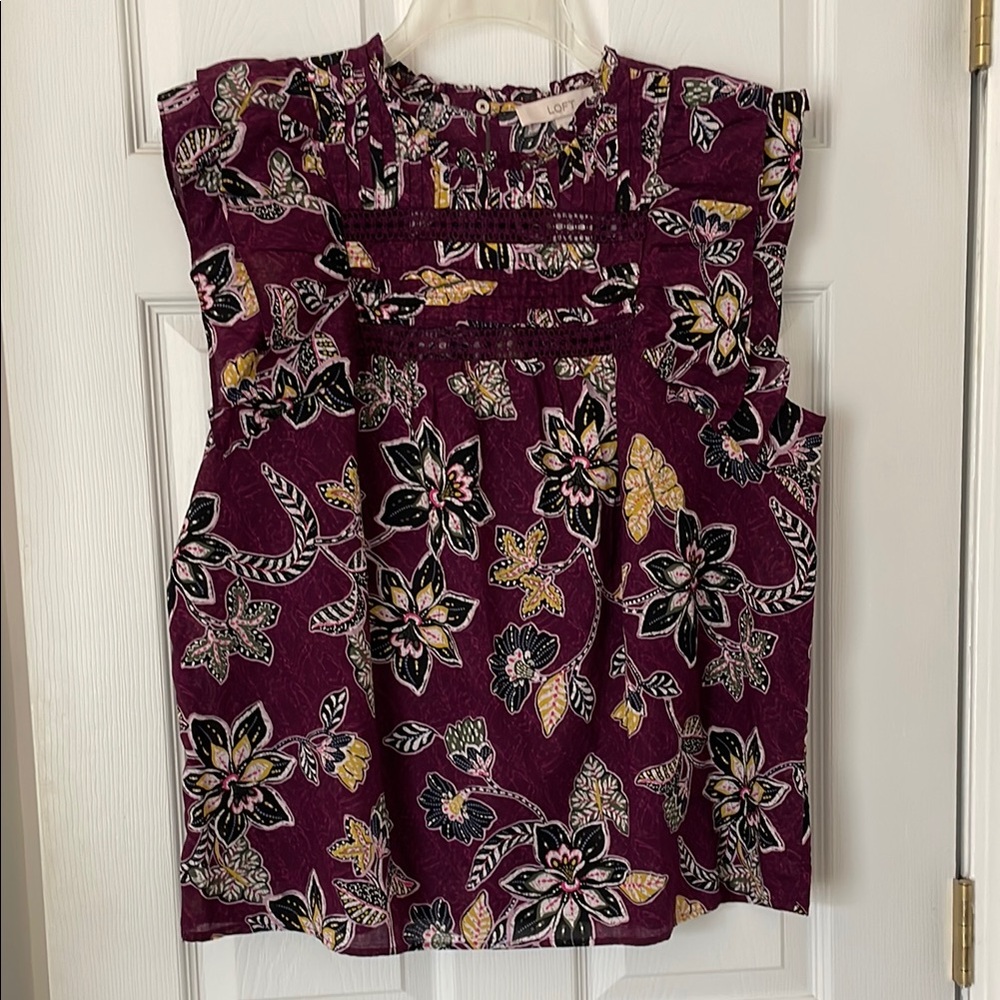 LOFT Purple & Black Floral Print Top with Ruffle Sleeves & Ruffle Neckline